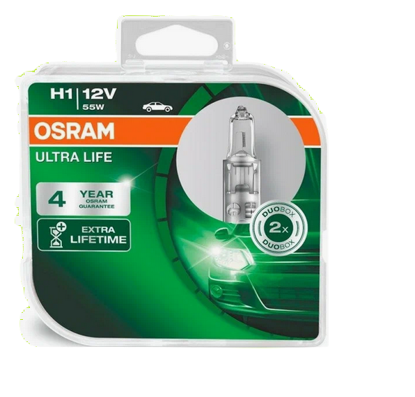 Автолампа 12V Н1 (55) Р14.5s ULTRA LIFE (евробокс, 2шт) OSRAM (О-64150 ULT2 EURO)