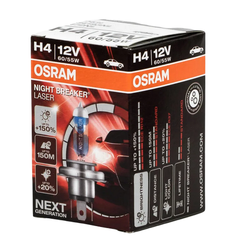 Автолампа 12V Н4 (60/55) P43t+150% NIGHT BREAKER LASER 4050K OSRAM (О-64193NL)