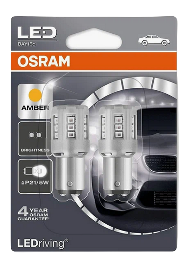 Автолампа 12V P21/5W (BAY15d) LED STANDART AMBER (блистер, 2шт) OSRAM (O-1457YE-2бл