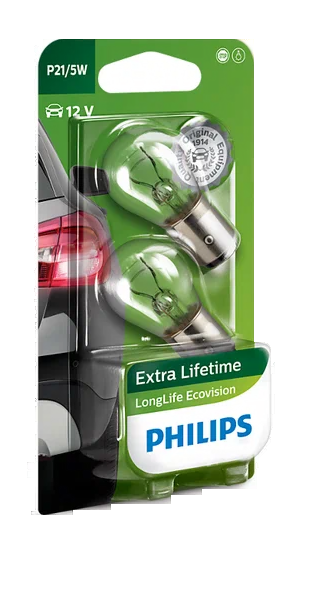 Автолампа 12V P21/5W (BAY15d) LONG LIFE ECO VISION (блистер, 2шт) PHILIPS (Р-12499LLECO2бл