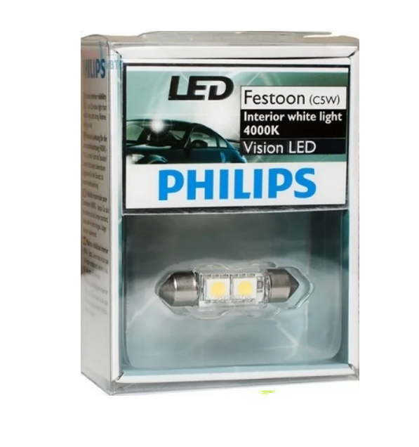 Автолампа 12V C5W (SV8.5/8) 35мм 2SMD WHITE VISION LED 4000K PHILIPS (Р-12858LED)