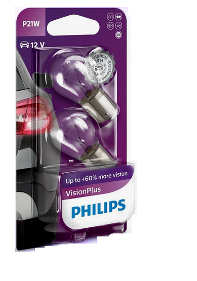 Автолампа 12V P21W (BA15s)+60% VISION PLUS (блистер, 2шт) PHILIPS (Р-12498VP2бл)