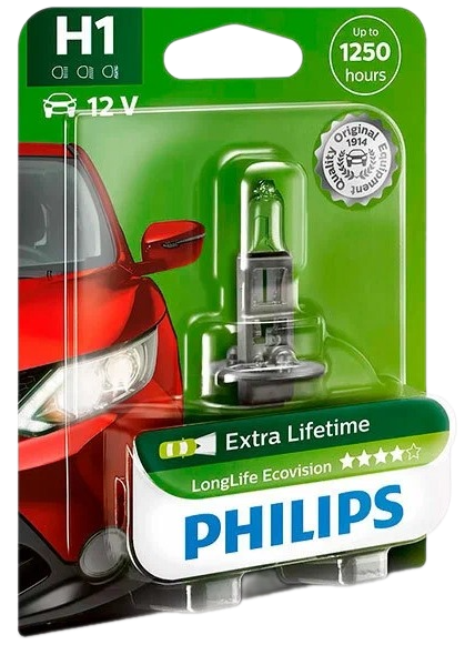 Автолампа 12V Н1 (55) Р14.5s Long Life Eco Vision (блистер) PHILIPS (P-12258LLECOбл)