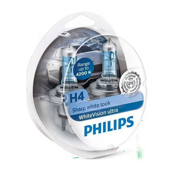 Автолампа 12V H4 (60/55) P43t-38  WHITE VISION ULTRA 4200K (2шт+2шт W5W) PHILIPS (P-12342WVU2)