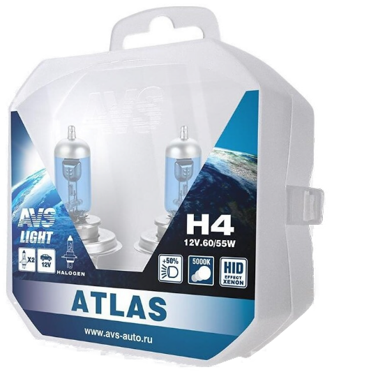 A78908S Автолампа 12V H4 (55) ATLAS PB 5000K галоген (Plastic box-2шт)