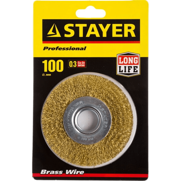 Щетка Stayer Professional дисковая для УШМ, витая латунированная стальная проволока 0,3мм, 100/22мм (35122-100)